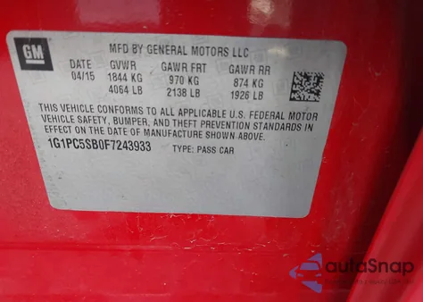 2015 Chevrolet Cruze 1Lt Auto from USA, damaged, VIN 1G1PC5SB0F7243933